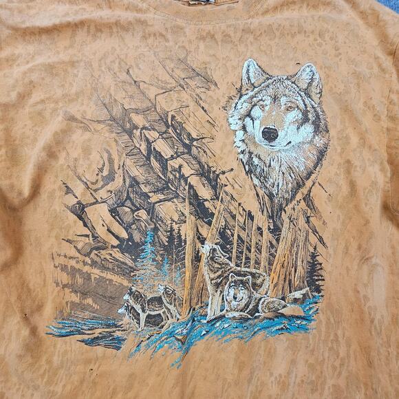 Vintage Wolves Shirt Mens XL Orange Graphic Nature Rag Tops Made USA 90s Tee - Picture 3 of 8